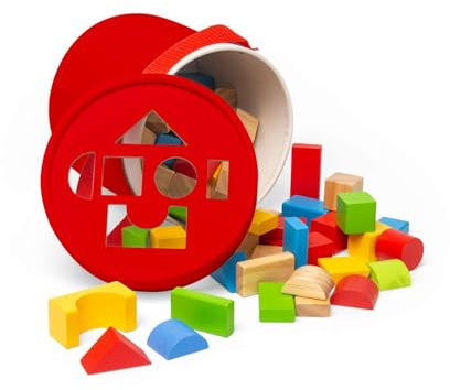 Bigjigs Toys First Building Bricks - 80pcs Wooden Blocks with Shape Sorter
