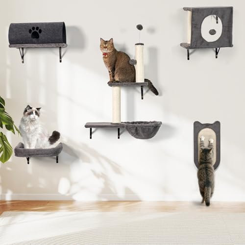 MALOROY Kletterwand Katzen, Katzen Kletterwand Set, 5-teilig Bequem Plüsch Katzenmöbel mit Kratzbaum Hängeball, Sisal Kratzbrett, Katzentunnel für Schlafen Spielen Lounging, bis 10kg, Grau