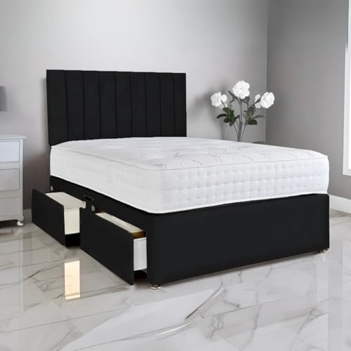 amu 5FT Stripe King Size Divan Bed with 2 Drawers | 24 Headboard, Plush Velvet Double King Size Bed Frame for Space-Saving Solutions (Black, 5FT King No Mattress)