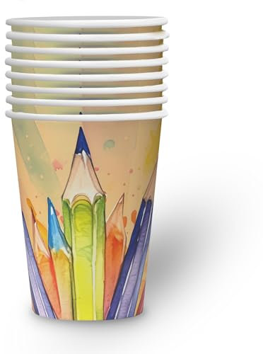 Party Factory Pappbecher Back to School, 250 ml, 8 Stück, Pastellfarben, Trinkbecher aus Pappe als Deko für Einschulung und Schulanfang, Einweg Becher Tischdeko