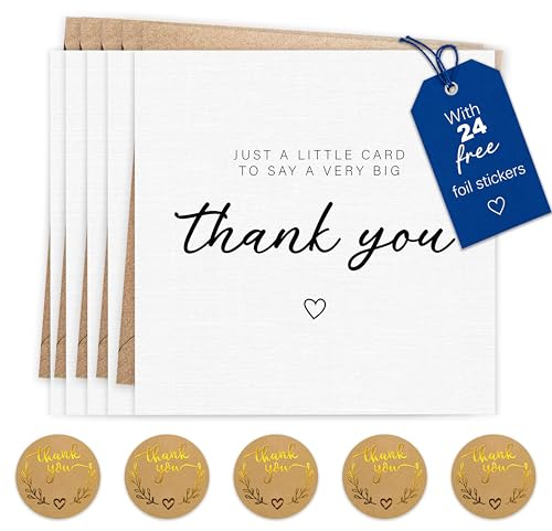 Giftinghouse 24 Thank You Cards Pack with Gold Foil Stickers and Kraft Envelopes, 11.5 x 11.5 cm – Blank Inside – Ideal for Teachers, Weddings, Kids, Christmas – Made in the UK