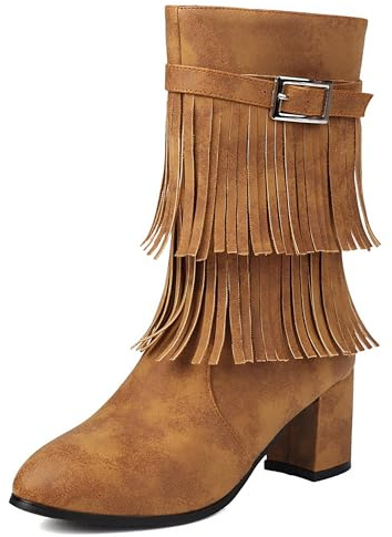 LarDorLin Damen Vintage Halbschaft Runde Zehen Fransen Stiefel Zip Winter Warm Hohen Blockabsatz Schnalle Equestrian Riding Stiefeletten Braun Gr 40 EU (41 CN)