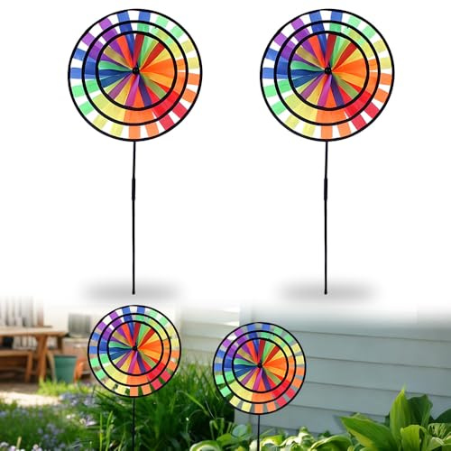 WRQIOO 2 Stück Windrad Garten, Windspiel Garten, Regenbogen Windspiel, Windrad Bunt Gartenstecker, Ø35cm/Ø25cm/Ø16cmx Höhe 72cm, Windspielstecker für Balkon & Gar-Ten