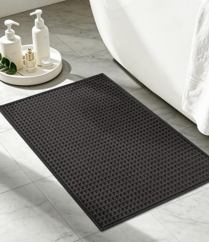 chakme Waffel Badezimmerteppich, 40x60 cm Dunkelgrau Badematte rutschfest | Waschbar Badvorleger, Schnelltrocknend Dünn Badteppich, Gummi Duschvorleger