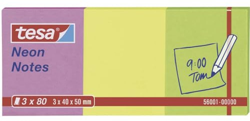 tesa Neon Notes Haftnotizen - 3 x 80 Blatt - 7,5cm x 7,5cm - Grün/Gelb/Pink | Selbstklebende Notizblätter in Neonfarben - für Büro und Haushalt - zum Markieren und Notieren - leicht ablösbar