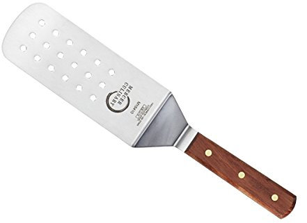 Mercer Culinary Praxis 8 x 3-Inch Perforated Turner, Wood Handle, Stainless Steel, 38x10x3 cm, Brown