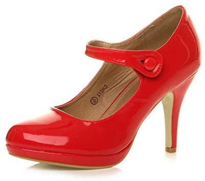 Ajvani Womens Ladies mid high Heel Mary Jane Strap Evening Court Shoes Pumps, 5 UK, Red Patent