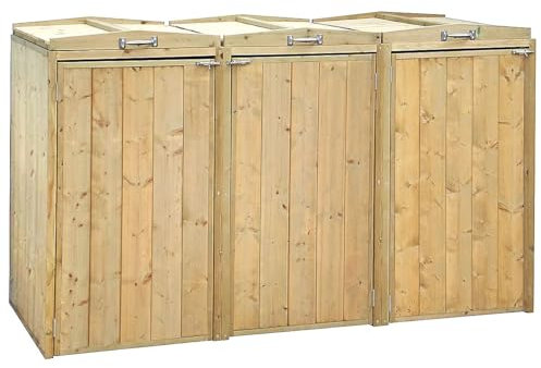 Charles Bentley Bin Store, Premium, FSC, Spruce, Triple, Wheelie Bin Storage Unit, Lifting Lids, 3 Front Doors, Chrome Handles, Fully Enclosed Slats, Shelving For Recycling Box Storage (213x117x80cm)