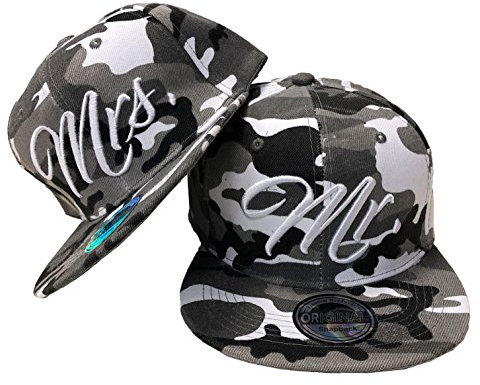 JameStyle26 Mr. & Mrs. Snapback Set USA Cap Kappe Basecap Mütze Trucker Cappy Kult (Mr. Mrs. Set Camou Grau)