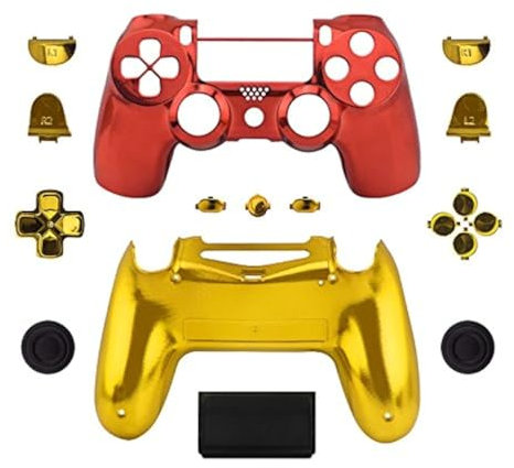 WPS Chrom Controller Case Collection Full Gehäuse + Full Tasten für PS4 Playstation Slim Pro (jdm-040) Controller Metallic Chrome Red & Gold