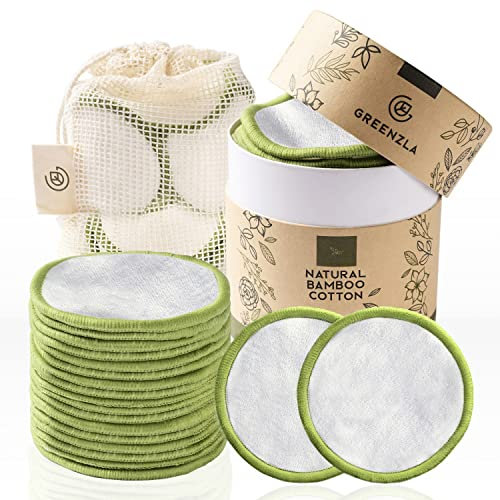 Greenzla Reusable Makeup Remover Pads (20 Pack) with Washable Laundry Bag and Round Box for Storage | Natural Bamboo and Organic Cotton Rounds for All Skin Types - Eco-Friendly Reusable Cotton Pads