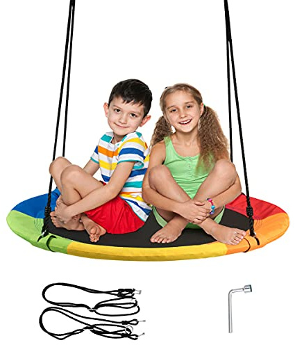 RELAX4LIFE Nestschaukel aus Stahlrohr, Schaukel Outdoor, Garten-Schaukel Kinderschaukel, Tellerschaukel für Kinder und Erwachsene, Rundschaukel höhenverstellbar, Ø 100 cm, bis 150 kg belastbar (Bunt)