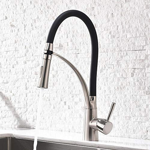 Huin Conception en caoutchouc noir et robinet de cuisine en nickel brossé monté sur le pont, tirette vers le bas, mitigeur, mitigeur, évier
