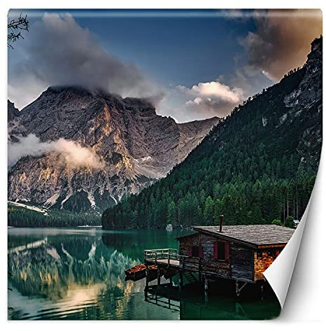 Feeby Fototapete XXL Bergsee Wolken 200x200 cm Grün Vliestapete Moderne Design Wandtapete Küche Flur Wohnzimmer Büro Badezimmer Kinderzimmer Felsen Wald Yachthafen