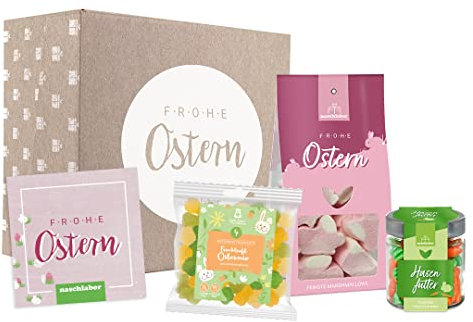 Geschenk zu Ostern | Ostergeschenkbox | Frohe Ostern mit Marshmallows, Ostermix und Hasenfutter Gummibärchen | Für das Osternest der Kinder oder als schöne Geste für Erwachsene