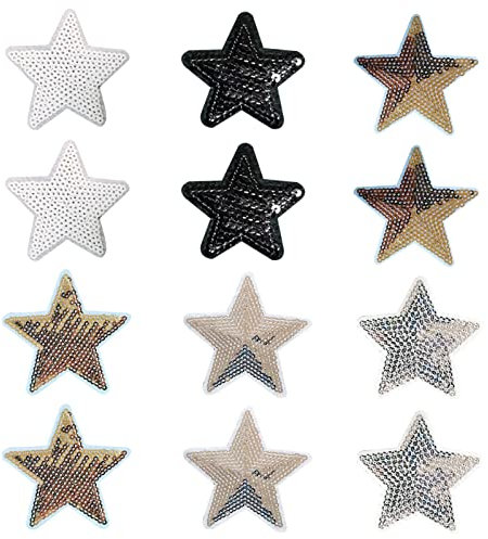 Cerioll Aufbügelflicken, 12 Pcs Fünfzackiger Stern Aufnäher, Bügelbild Stern mit Pailletten Silber, Aufbügeln Patch Sticker, Funkelnde Strass Aufkleber