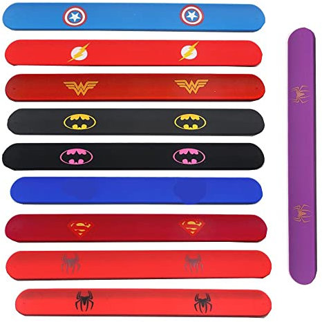 AukCherie 10 Piezas Pulseras Slap de Superhéroe, Bandas De Bofetadas Muñequeras De Silicona Bolsas De Fiesta Bolsas De Bofetadas Set para Niños Niños Y Niñas Favores La Fiesta Cumpleaños