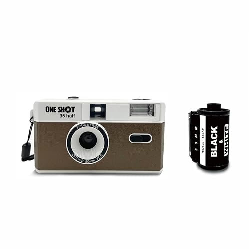 1 Shot Point and Shoot 35mm Film Camera, Reusable Retro Half Frame Camera, Built in Flash, Included One Roll ASA/ISO 400 Black & White Film 18 Exp.(36 Shots) Battery Not Included (Brown Color)