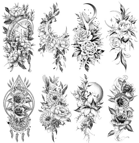 Acevegue 10 Feuilles Fleur Tatouage Ephemere, Bras Jambes Tatouage Autocollant Imperméable Pivoine Rose, 3D Réaliste Faux Tatouage Femme Sexy Esquisser
