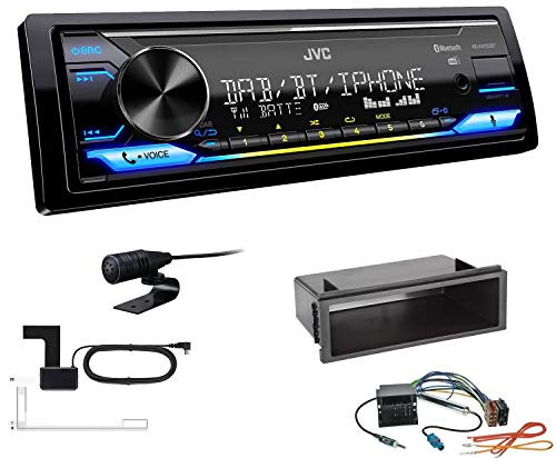 JVC KD-X472DBT 1-DIN Autoradio Bluetooth USB inkl DAB Antenne Einbauset passend für Volkswagen VW T5 Transporter bis 2015 schwarz OEM 1-DIN
