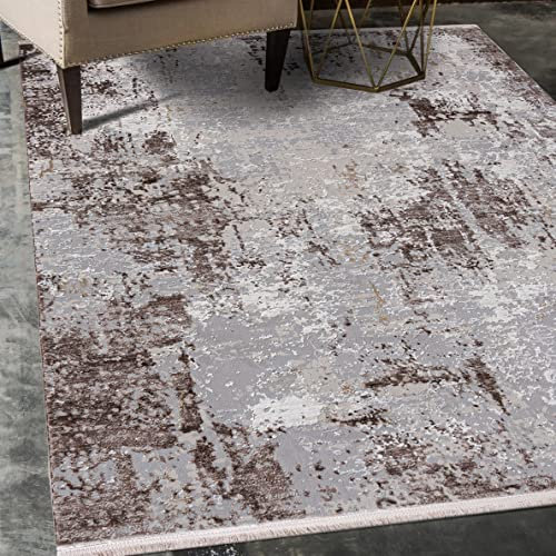 Mazovia Modern Teppich - Kurzflor - Weich Teppich für Wohnzimmer, Schlafzimmer, Esszimmer - ÖKO-TEX Wohnzimmerteppich Teppiche mit Fransen - Abstrakt Beige Grau 140 x 200 cm