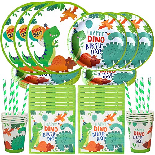 41 Pcs Dinosaure Anniversaire Vaisselle Ensemble,10 Invités Dino Vaisselle de Fête Comprendre Assiettes en Papiers, Tasses, Paille, Serviette, pour Mariages Baby Shower Enfants Party