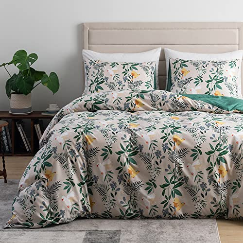 Michorinee Housse de Couette 200x200 Motif Feuilles Beige Vert Parure de Lit Botanique Fleurie en Microfibre avec Fermeture Éclair - Linge de Lit Réversible Adulte avec 2 Taies d'oreiller 65x65 cm
