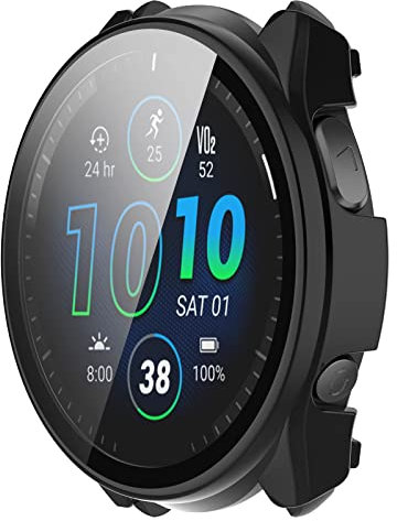 XHKJO Pellicola Custodia per Garmin Forerunner 965 con Pellicola Temperata, Morbida Plating PC Protettivo Case Skins Cover Copertura Shell per Garmin Forerunner 965 Watch Accessories (nero)