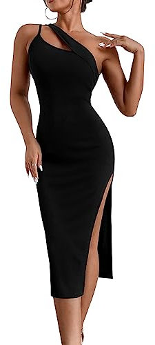 KOEMCY Damen Kleider Sexy Bodycon One Shoulder Schulterfrei Ärmellos Freizeitkleid Midikleid Abendkleidung Schlitz Tank Kleid (Schwarz, L)