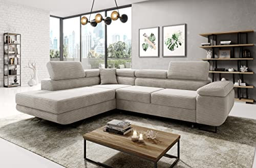 ML Furniture Ltd Avatar Kord Ecksofa in L-Form 277 x 73 x 203 cm mit Schlaffunktion und Bettzeugbehälter - Schlafsofa mit Bettkasten - Eckcouch mit Stauraum - Links - Farbe: Kord Creme
