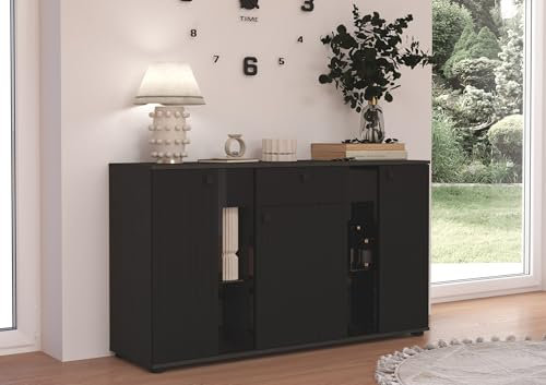 Kuechen-preisbombe Kommode Salsa 2 Lamellenoptik Anbauwand Wohnwand Siedeboard MDF Schwarz + Grau