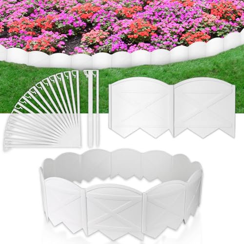 Vashly No-Dig Bordure de jardin blanche de 6 m de haut avec piquets d'ancrage de 19,8 cm de haut en plastique pour parterres de fleurs, bordure de pelouse
