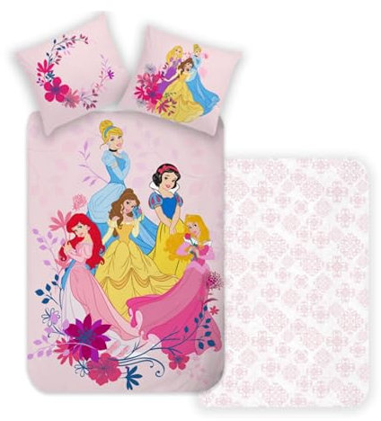 MTOnlinehandel Mädchen-Bettwäsche 135x200 Prinzessin Arielle, Schneewittchen, Cinderella, Belle in rosa mit tollen Blumen-Motiv, 1x Kissenbezug 80x80 + Bettbezug 135x200, 100% Baumwolle
