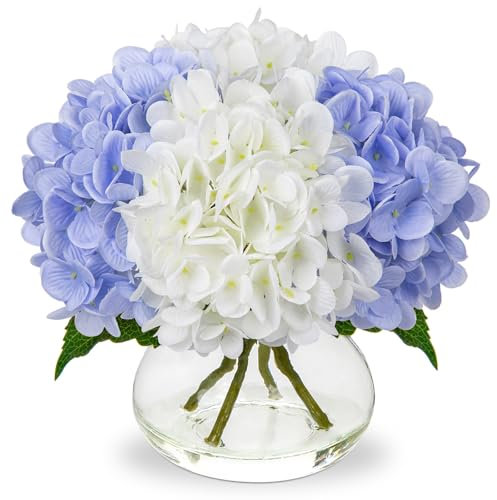 Oairse Fiori artificiali di ortensia in vaso, fiori di ortensia finta in vaso di vetro con fiori di seta blu acqua finta composizione flora per casa, ufficio, soggiorno, tavolo da matrimonio