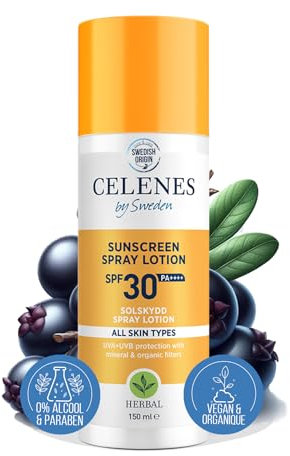 Celenes by Sweden Herbal-Sonnenschutzspray SPF30+ | Organischer & Mineralischer Schutz für alle Hauttypen | 150ml | Wasserfest, ohne Parabene oder Alkohol
