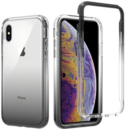 FMPCUON Funda para iPhone X Doble Cara 360 Grados Compatible Delantera + Trasera Carcasa con Silicona Transparente TPU + PC Completa Case [con 2 Vidrio Cristal Templado], Negro