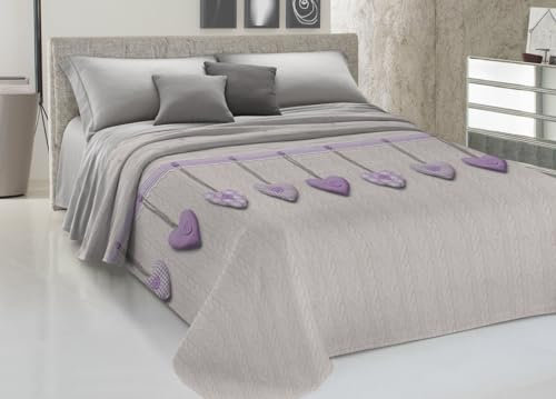 CapitanCasa Colcha de piqué ligera de verano, 100% algodón, fabricada en Italia, fantasía corazón colgante, individual, lila