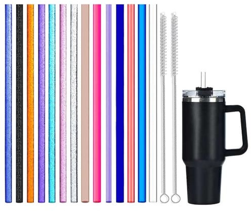 14 Pcs Glitter Straw Compatible with Stanley Cup 40oz/30oz Tumbler Set, 11 Inch Reusable Plastic Straw, Coloured Clear Straws with 2 Straw Cleaning Brush