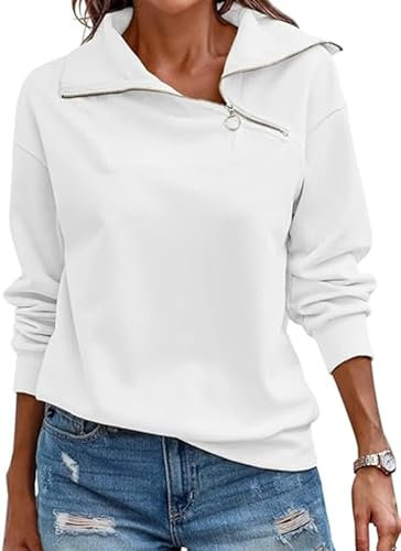 Cuptacc Pullover Damen Sweatshirt Winter 2025 Quarter Zip V-Ausschnitt Langarmshirt Damen Elegant Einfarbig Oberteile Weiß, XXL 50