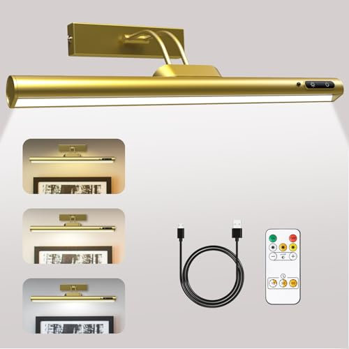 Shulltji 15.74 Rechargeable Picture Lights for Wall, 4000mAh Rechargeable Battery Wall Lights with Remote, 3 Color Temps & Brightness & Timer, Suitable for Dartboard Photo Mirror Hallway (Gold)