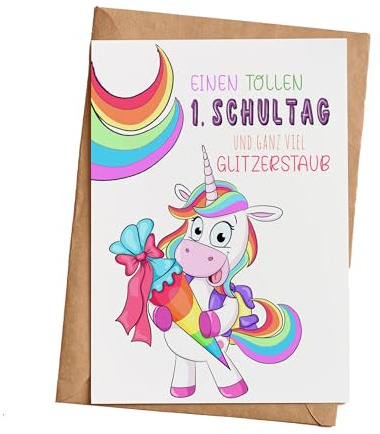 Einschulungskarte für Kinder, Schulstart Glückwunschkarte, Einhorn DIN A6 Format, inkl. Umschlag aus Kraftpapier. KT_059