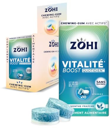ZOHI Chewing-gum sans sucres avec actifs - Vitamines- Goût menthe fraîche - Complément alimentaire avec édulcorants -Boîte de 12 plaquettes de 10 chewing-gums