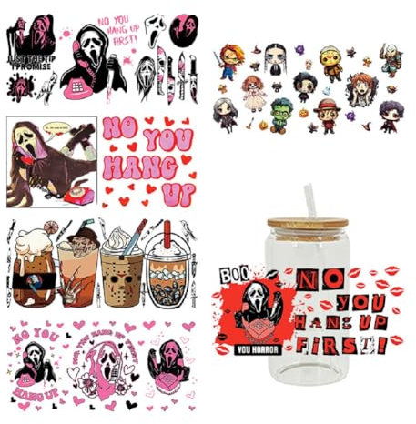 Yalulu 6 Sheets Halloween UV DTF Cup Wrap Transfer Stickers for Glass, Ghost Waterproof Cup Wraps Sticker, Cup Stickers Decals, Rub on Transfers for Glass Cups