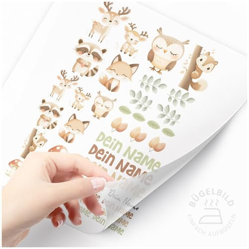 Moonworks® Bügelbilder Set für Kinder Waldtiere Personalisiert Tiermotive Wunschname Patches zum Aufbügeln auf Textilien Kleine Tiere Set weiß standard