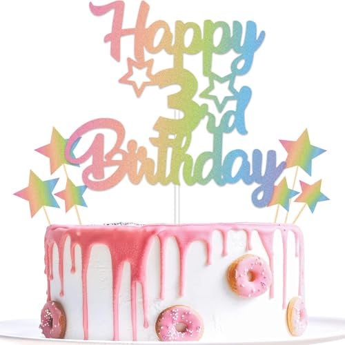 Gidobo 3rd Rainbow Cake Toppers, Pastel Decorations With Star Pick, Three Years Old Party Celebration for Boys and Girls