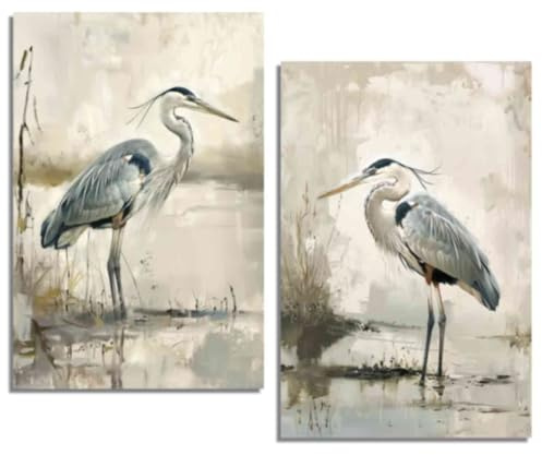 ZQQART Reiher Wanddrucke 2er Set Reiher im Sumpf mit Schilf Bild am Küstenrand Leinwanddrucke Wildvogel Gemälde Vintage Vogel Poster gerahmt (braun,30x40cmx2)