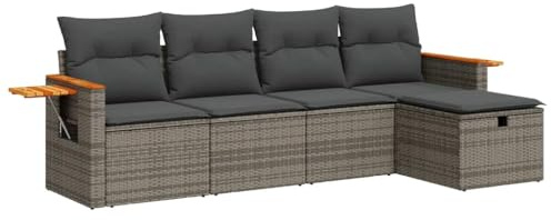 vidaXL 5-TLG. Garten-Sofagarnitur mit Kissen Grau Poly Rattan, Outdoor Sofa Set, Outdoor Sofagarnitur, Garten-Lounge-Set, Garten Sofagarnitur