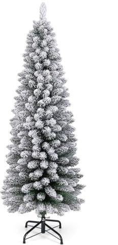 GIANTEX Albero di Natale 180 cm, Albero di Natale Innevato, Albero di Natale Realistico, Stretto e Alto, Forma a Matita, con 460 PVC Punte di Rami Densi, Design Staccabile, Base Metallica (150 cm)