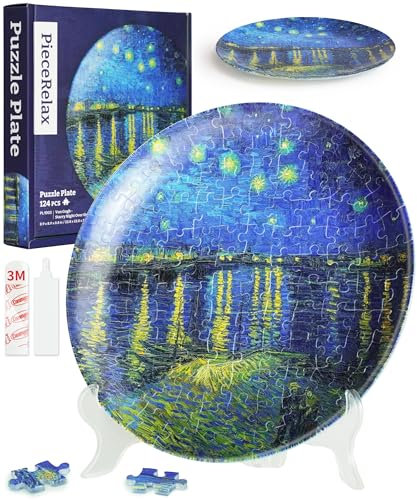 PieceRelax 3D Puzzle Plate 124 Pieces - Van Gogh - Starry Night Over The Rhone, Decorative Jigsaw for Home & Gift [PL1003]