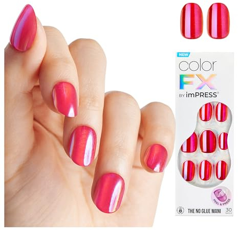 KISS colorFX by imPRESS Press On Nails , ‘Floating’, Solid Red with Pearlescent Finish, Short Oval, New & Improved Adhesive, Includes 30 Fake Nails, Prep Pad, 1 Manicure Stick, 1 Mini Nail File
